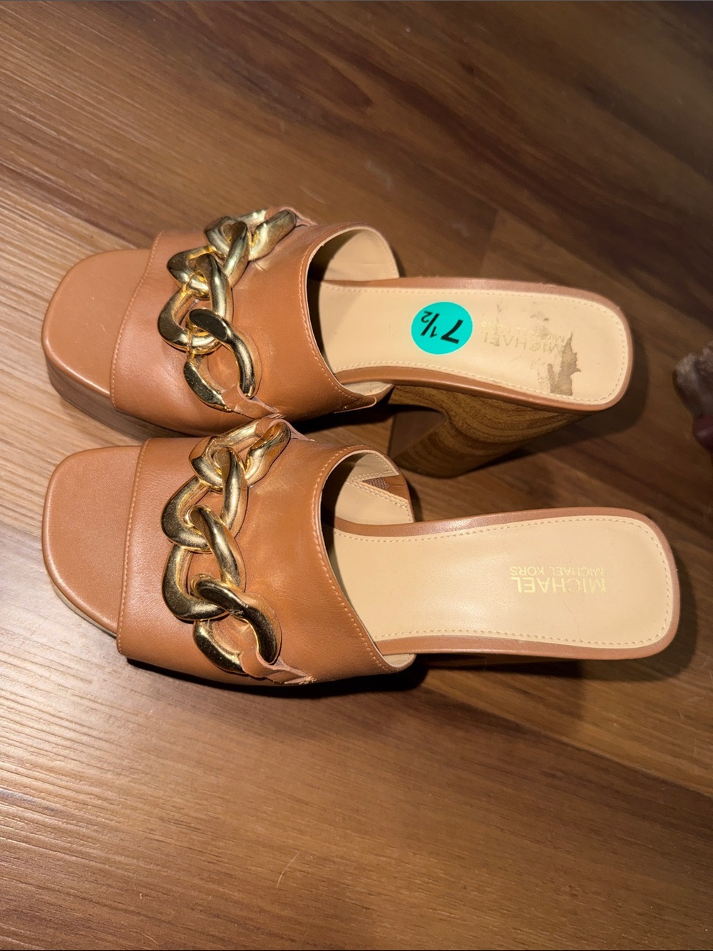 Michael Kors Cognac Leather Slide Mules with Chunky Gold Chain